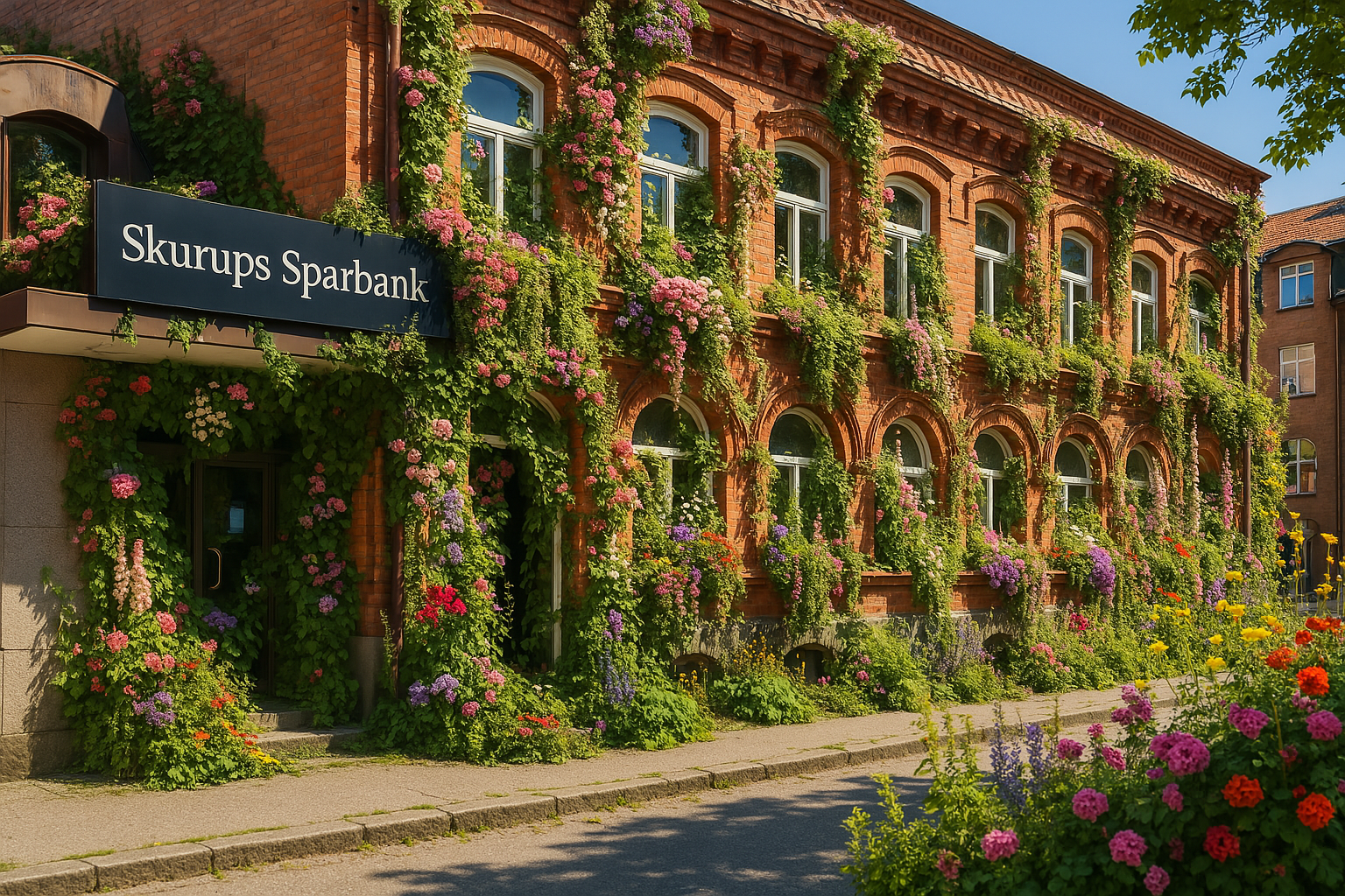 Bankhus med växter ut genom fönstren